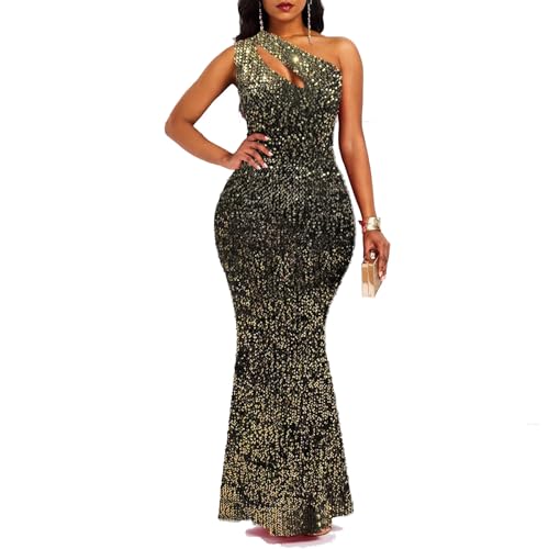VERWIN Robe moulante sans manches à col oblique sirène à paillettes pour femme, doré, Taille L