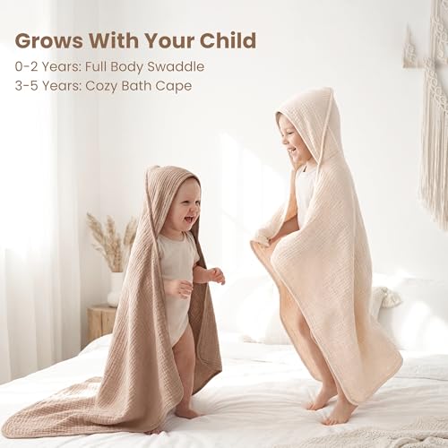 Image of Konssy 2-Pack Muslin Hooded Baby Towels, 100% Cotton, Ultra-Soft & Absorbent Baby Bath Towels with Hood for Newborn & Infant (Cream, Camel,32 inch x 32 inch)