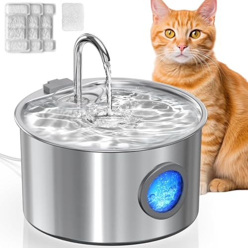 Cat Water Fountain for Drinking, 3.2L Automatic Stainless Steel Cat/Dog Water Fountain with 3 Filters and 1 Sponge, Silent Pet Water Dispenser for Cats/Dogs, Visible Water Fountain Cat Bowl Indoor