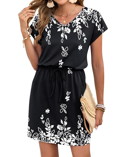 Image of AUSELILY Womens Summer Mini Dress, Short Sleeve V Neck Drawstring Casual | Soft smooth drape with an adjustable drawstring waist for beach, casual outings and daily wear