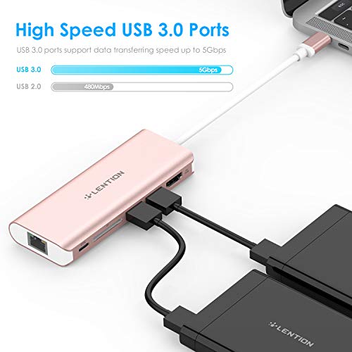 Image of LENTION USB-C Digital AV Multiport Hub with 4K HDMI, 2 USB 3.0, SD Card Reader, Type C Charging and Gigabit Ethernet Adapter for 2016 2017 MacBook Pro 13 15, MacBook 12, Dell XPS, More (Rose Gold)