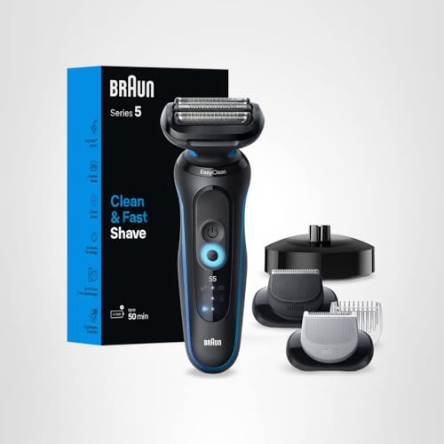 Braun Electric Shaver for Men, Series 5 5150cs, Wet & Dry Razor, Turbo Shaving Mode, Foil Shaver, with Beard Trimmer, Body Groomer and Charging Stand, Blue