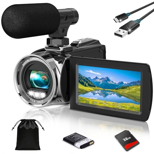 Hojocojo 4K Video Camera Camcorder UHD 36MP Vlogging Camera for YouTube 18x Digital Zoom 3" 270° Rotation IPS Screen Video Camcorder with Fill Light, Mic, 32GB Card, Battery
