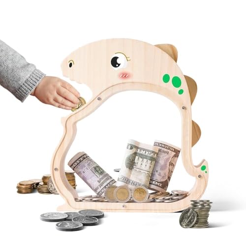 Wooden Dinosaur Piggy Bank for Boys, Girls, Unbreakable Dino Piggy Bank for Kids with Letter Stickers, Cute Saving Coin Jar, Wooden Cashbox Money Bank, Piggy Money Jar Personalized Birthday Gift