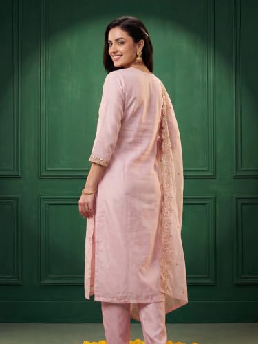 Image of INDO ERA Women's Silk Blend Floral Embroidered Thread Work Straight Kurta & Pant with Dupatta Set | Kurti Set