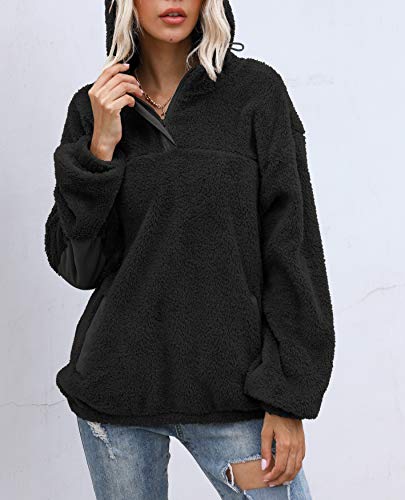 PRETTYGARDEN Women's Long Sleeve Fuzzy Sherpa Fleece Sweatshirt Coat Zipper Hoodie Oversized Pullover Outwear with Pockets (Small, Solid Black)