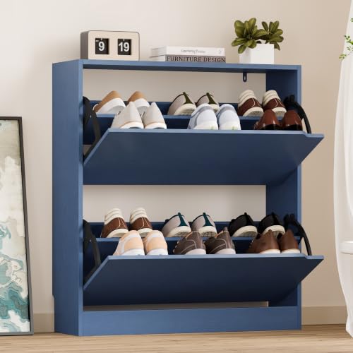Image of BORNOON Shoe Cabinet with 2 Flip Drawers, Slim Narrow Shoe Storage Cabinet, Freestanding Shoe Organizer with Adjustable & Removable Shelves, Top Display Shelf for Entryway, Hallway, Foyer, Closet