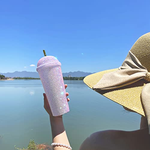 Xmyaina 24Oz Bling Cup Handmade Rhinestones Studded Tumbler Double Wall Insulated Plastic Reusable Water Bottle With Lid And Straws For Home Office Party Beach(Milk White) #TOP6