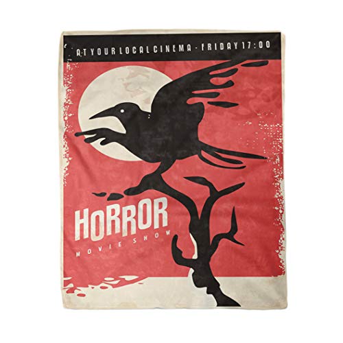 rouihot 60x80 Inches Flannel Throw Blanket Horror Movies Retro Poster Design with Black Raven on Red Vintage Flyer with Crow Home Decorative Warm Cozy Soft Blanket for Couch Sofa Bed