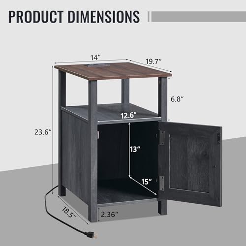 Image of IFBUY Farmhouse Nightstands Set of 2, Narrow Bedside Table with Charging Station, Night Stand Set 2 with Storage & Open Shelf, End Tables w /Groove Barn Door for Bedroom, Living Room, Dark Grey
