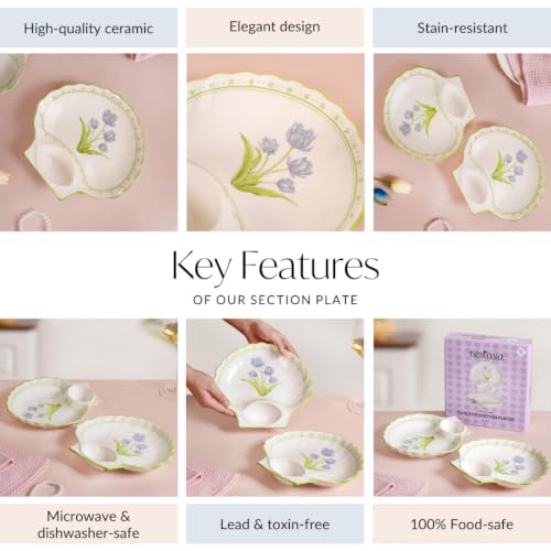 Image of Nestasia Ceramic Snack Plates Set of 2 - Serving Plate with Dip Section for Chutney or Sauce | Microwave & Dishwasher Safe Shell Shaped Design with Floral Print - Perfect for Fries, Momos, Kebab