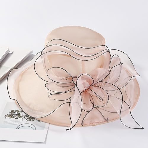 SRZYMJ Rosa Hochzeitshut Vintage 50er Jahre Damen Chic Capeline Kirche Elegant Fascinator Hut Sonnenhut mit Schleier Band aus Netzstoff Feder Blumen für Cocktail Braut Zeremonie Sonnenhut