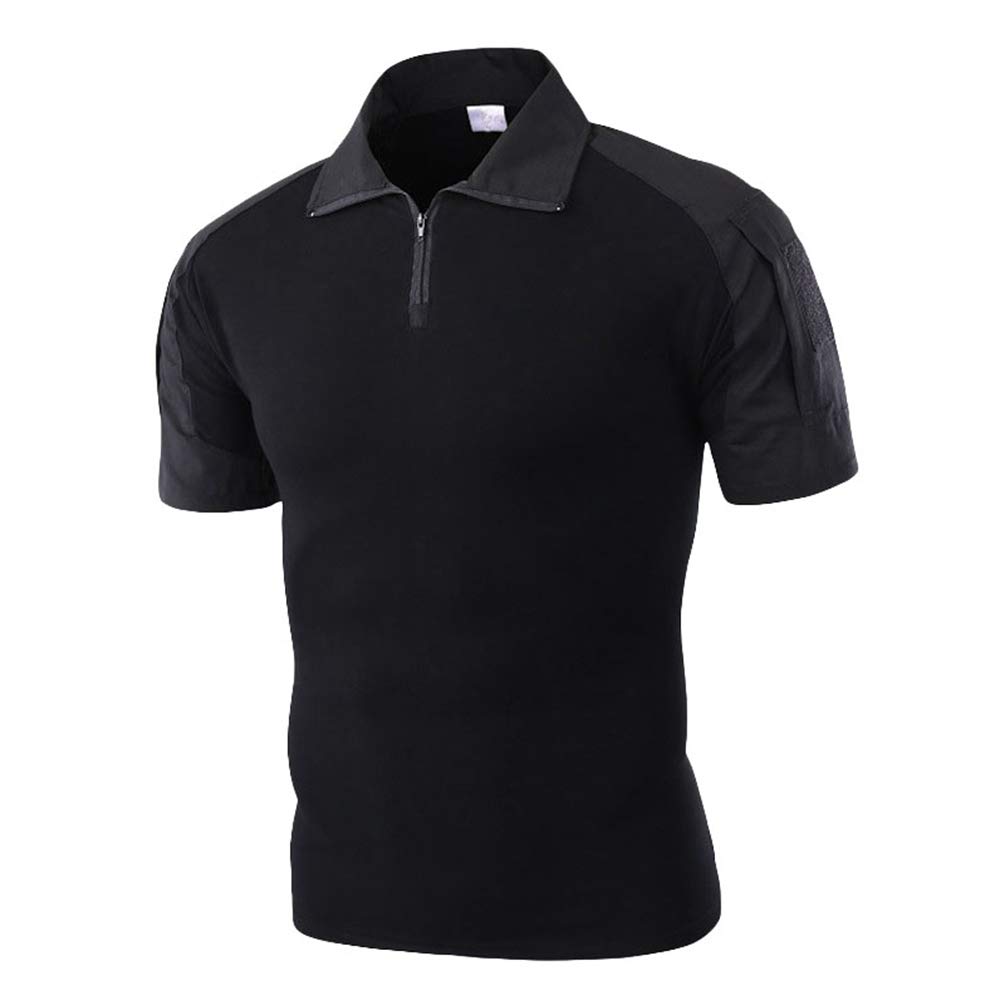 Zhiyuanan Men's Black Tactical Military T Shirts, Slim Fit Short Sleeve Lapel Button Camo Combat Shirt With Zipper Breathable Airsoft Hunting Woodland 3XL