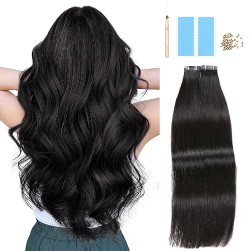 LADY MIRANDA Black Human Hair Extensions 18 Inch 20PCS Hair Extensions Real Human Hair with Mini Holes Glueless Remy Hair Extensions Invisible PU Tape in Hair Extensions for Women 18 Inch Gl