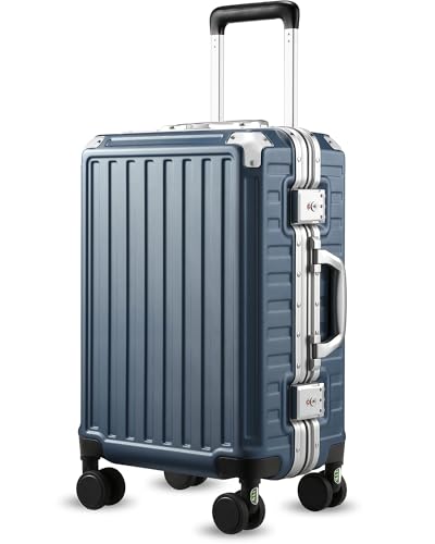 Carry On Luggage with Spinner Wheels, 8010S Aluminum Frame Zipperless Polycarbonate Hard Shell Suitcase (ZX-Core, Blue, 20 Inch)