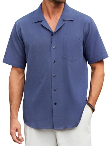 Enlision Chemise Lin Homme Manches Courtes Été Leger Chemises sans Repassage Homme Bleu Foncé Coupe Régulière Chemisette Boutons Décontractée de Plage L