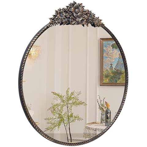 YIDIE Round Mirror, 24''Baroque Style Wall Mirror Metal Frame Circle Mirrors for Entryway, Living Room or Bedroom,Retro Black Cover