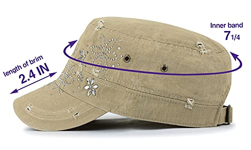 Image of ililily Crystal Gemstone Stud Flower Vintage Cotton Military Army Hat Cadet Cap