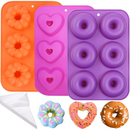 YXHZVON Molde para Donas, 3 Piezas Molde para Donas, 10 Mangas Pasteleras desechables, Molde para Donas Antiadherente de Silicona para Galletas para Hornear Donas, Muffins