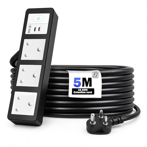 Image of MX 35W Extension Board PD GaN Charger Super Fast Charging 2 Type-C, 3 Indian 16A Sockets (2600W) Multiport Desktop Power Strip for iPhone Android Laptop Tablet Charging Station 5M Cable