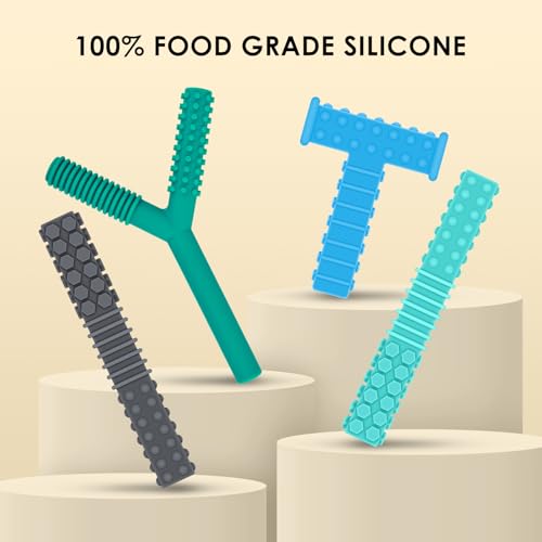 Image of ERKOON Sensory Chew Toys for Autistic Children, 4 Pack Silicone Chewy Tube Oral Motor Tools for Sensory Kids with Autism, Biting, ADHD, SPD, Chewies with Special Needs, Teething Sticks Toys