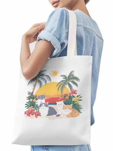 Canvas Tote Bag for Women,Cute Cat Flower LeavesBeach Coconut Tree3