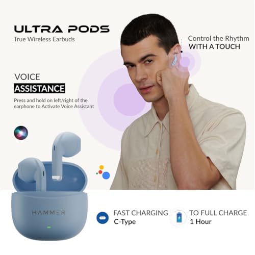 Image of HAMMER New Ultra pods 2026 TWS Wireless Bluetooth Earbuds with Inbuilt Mic, 100H Standby Time, 50H Playtime, USB Type-C, 13mm Dynamic Drivers, BT v6.0, IPX5 Water-Resistant Earphones (Blue)