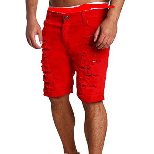 Short en jean délavé homme Kelsiop rouge XXL coupe skinny grande taille