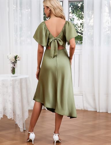 2025 Satin Cowl Neck Flutter Sleeve Midi Dress Silk Sexy Tie Back Asymmetrical Hemline Formal Long Dresses for Wedding Guest2