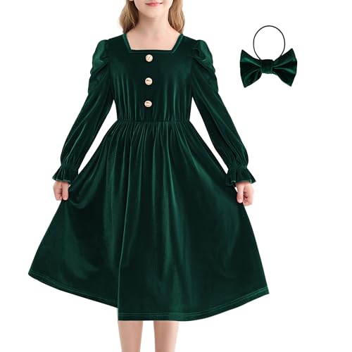 Rolanko Girls Velvet Fall Dress Square Neck Puff Long Sleeve Christmas Party Dress Kids with Pockets 5-12 Y
