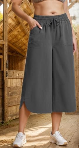 Capri Linen Pants for Women Wide Leg Casual Summer Pants High Waisted Beach Tousers with Pockets