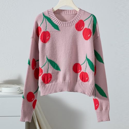 Women Cute Cherry Sweaters Crewneck Long Sleeves Fall Winter Warm Knit Pullover Sweater Tops3