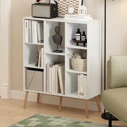 Image of Furinno Claude Mid Century Style Book Shelf, 8-Cube Bookshelf, Cube Storage Organizer Bookcase with Wood Legs, 10.9 x 31.5 x 39.3, for Living Room, Bedroom, Home Office, White