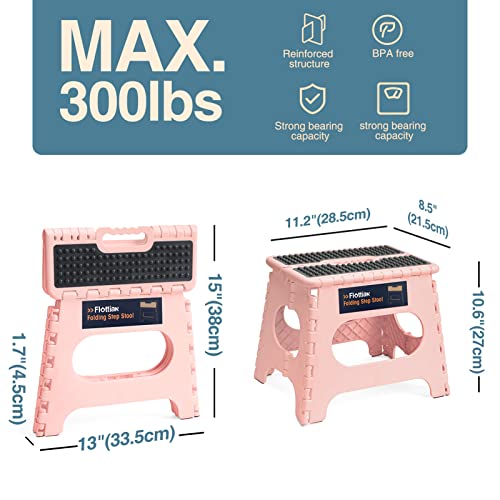 Image of Flottian 11 inch Folding Step Stool for Adults and Kids Holds Up to 300 lbs,Non-Slip Folding Stools with Portable Handle, Compact Plastic Foldable Step Stool for Bathroom,Bedroom, Kitchen Sakura Pink