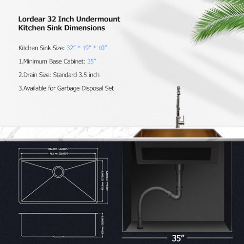 Lordear 32 Undermount Kitchen Sink Matte Gold 32X19 Kitchen Sinks16 Gauge Stainless Steel Deep Single Bowl Handmade Sink Basin by Lordear - Image 7