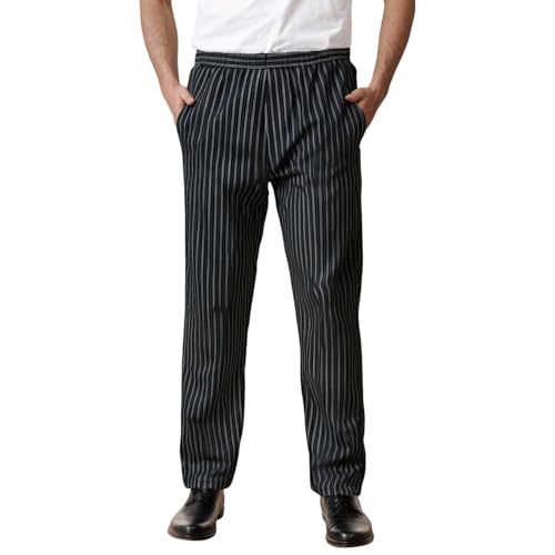 Mens Casual Pants Striped Print Elastic Waist Straight Lightweight Comfy Chef Work Uniform Professional Culinary Pants