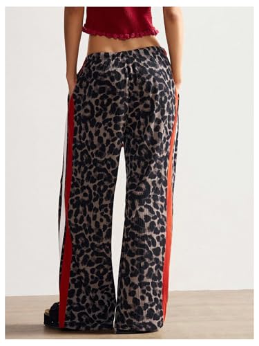 Women's Y2K Cheetah Baggy Pants Leopard Wide Leg Pants Striped Knitted Vintage Elastic Waist Trouser with Pocket2