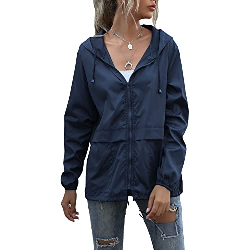 Ausla Chubasquero con Capucha para Mujer con Capucha con Cremallera, Chubasquero Ligero a Prueba de Viento para Exteriores para Viajes Y Acampadas(XL-Azul Oscuro) Cover