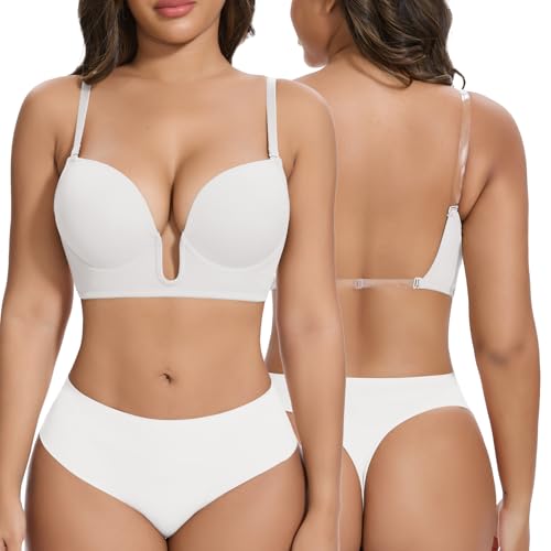 Image of JOYSHAPER Low Cut Bras for Women Backless Plunge Bra with Clear Straps | Cleavage Underwire Push Up Bra, Multiway Strap Low Back, Multiway Strap, For Any Deep U Plunge Tops Wedding Party Dresses