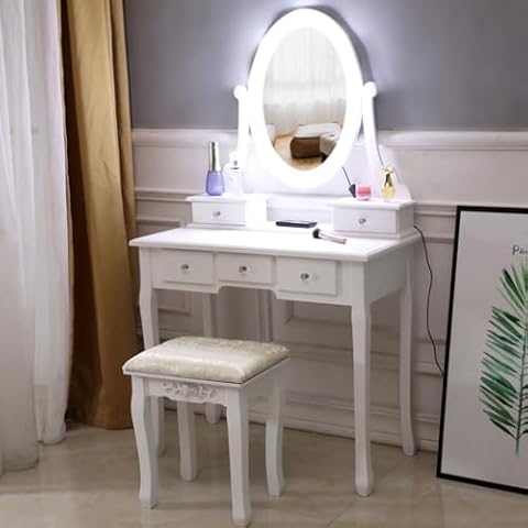Galunt Vanity Desk with Mirror and Lights, Modern Vanity Makeup Table and Cushioned Stool Set, 5 Drawers Makeup Vanity Table Set with 10 Lights Mirror Dressing Desk Cover
