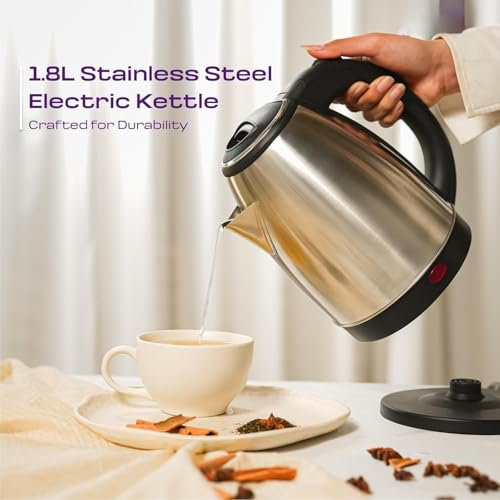 Image of Stainless Steel 1.5L Electric Kettle | Boil Water, Make Tea, Coffee, Instant Noodles, Soup | SS Body, Cool Touch Handle, Wide Mouth & Filter, 360 Swivel Base, Auto Cut-Off, Over & Dry Heat