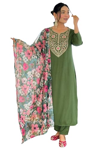 Image of Naixa Women's Rayon Embroidered Straight Kurta with Pant and Dupatta Sets (Available in Plus Size) (NX-696)