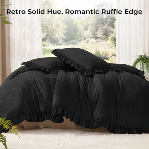 Image of Litanika Black Queen Comforter Set, 3 Pieces Ruffle Farmhouse Aesthetic Bedding Comforter Set, All Season Soft Lightweight Fluffy Microfiber Bed Set(90x90In Comforter, 2 Pillowcases)