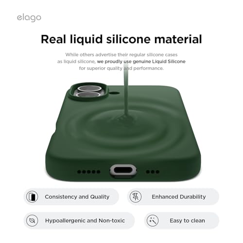 Image of elago Compatible with iPhone 16 Case, Premium Liquid Silicone Case, Full Body Protective Cover, Shockproof, Slim Phone Case, Anti-Scratch Soft Microfiber Lining, 6.1 inch (Alpine Green)