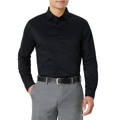 Amazon Essentials Men's Regular Fit Long Sleeve Wrinkle Resistant Stretch Dress Shirt, Black, Large