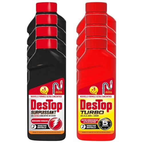 DESTOP Lot de 4 Packs Gel Déboucheur Surpuissant 500ml + Turbo 5 min Javel 500ml