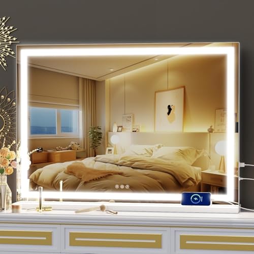 Lasola 化粧鏡 女優ミラー ライト付きミラー 壁掛け/卓上両用 USBポート付き 10倍拡大鏡付き 三色照明モード タッチ式 明るさ無段階調光 給電式 ハリウッドミラー ledメイク 鏡 ライト付き鏡 大きめ鏡 化粧かがみ おしゃれ (50x40cm)