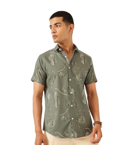Image of Majestic Man Men's Slim Fit Pure Cotton Printed Casual Shirt - Short Sleeve | Premium Breathable Fabric | Modern Geometric Design