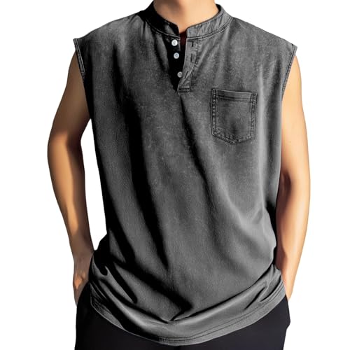 Débardeur sans manches pour homme col d'entraînement Henley gris grande taille 4XL
