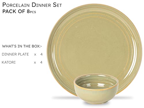 Image of Bodhi House Handcrafted Chip Resistance Porcelain Dinner Set, 8 Pieces Serving for 4, Microwave and Dishwasher Safe, Bone-ash Free, Crockery Set for Dining and Gifting, Olive Green